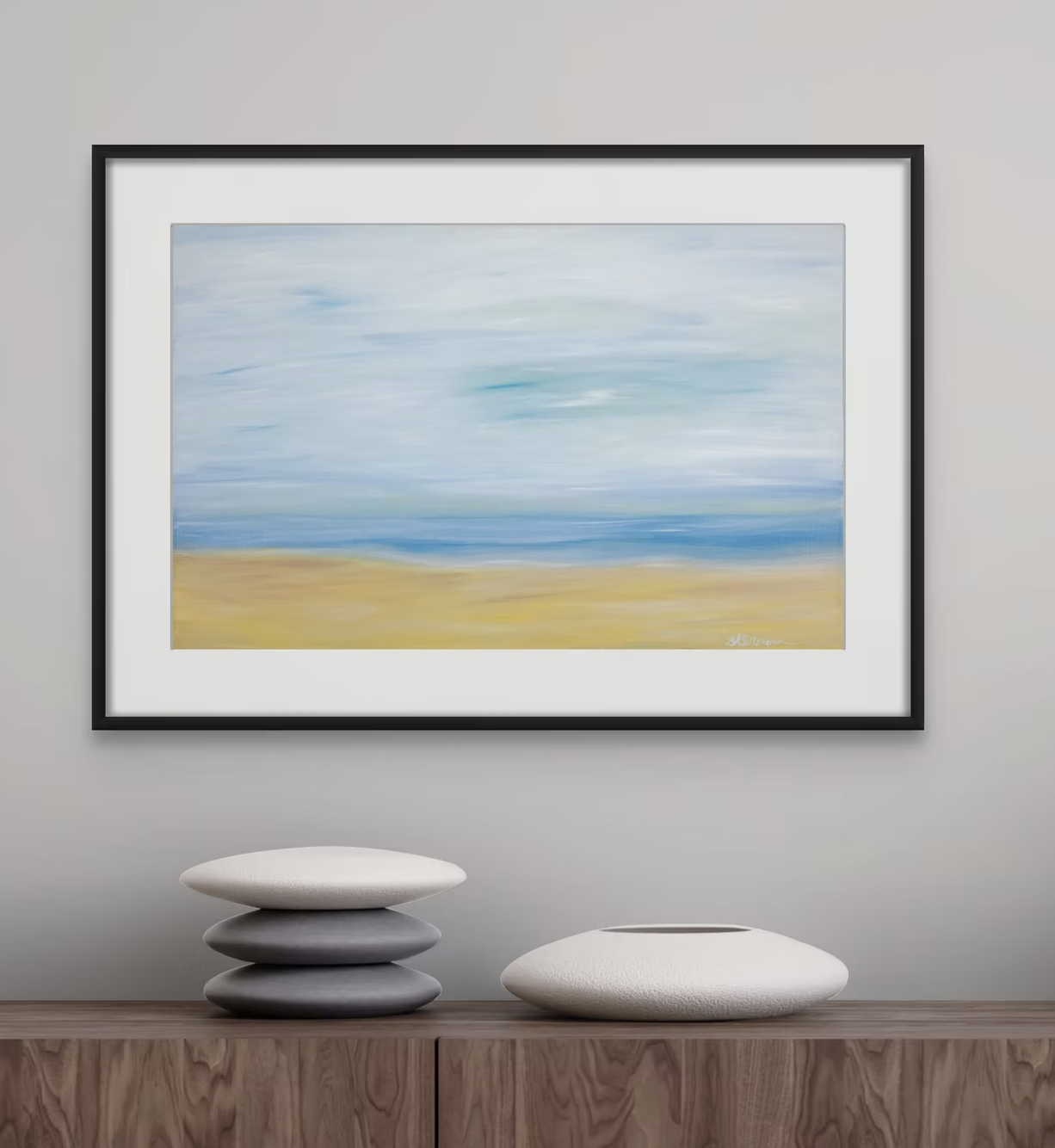 Framed abstract prairie landscape painting in blue and gold